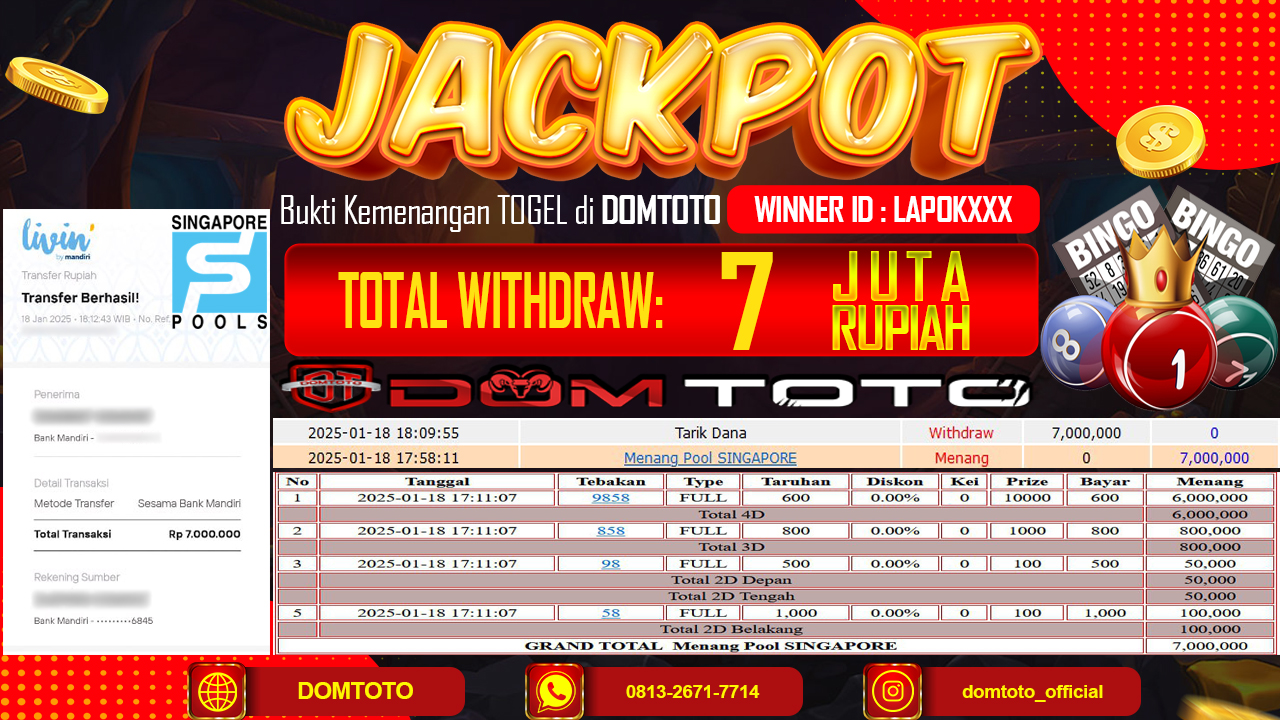 JACKPOT TOGEL SINGAPORE 4D 18  JANUARI 2025